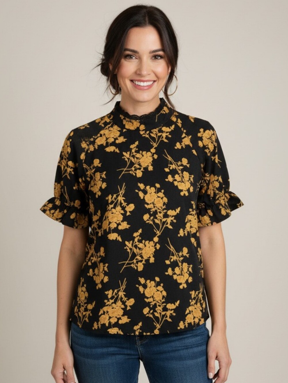 Black Floral Lace-Trim Mock Neck Top